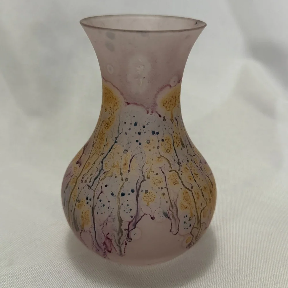 Israeli Hand Painted Art Glass Bud Vase Pink Gold Drip Boho Cottagecore Vintage